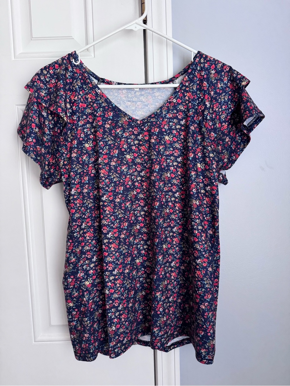 Floral V-Neck Ruffle Sleeve Top - Navy with Pink Floral